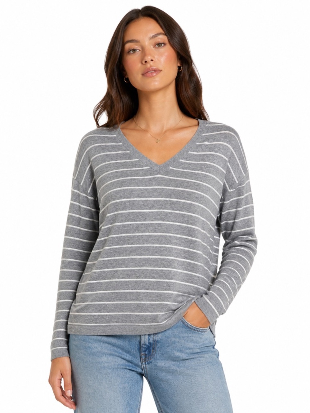 Tommy Hilfiger Gray and White Striped V-Neck Pullover Sweater Size Large